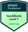 Intuit ProAdvisor certification badge — QuickBooks Level 1, Certified