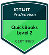 Intuit ProAdvisor certification badge — QuickBooks Level 2, Certified